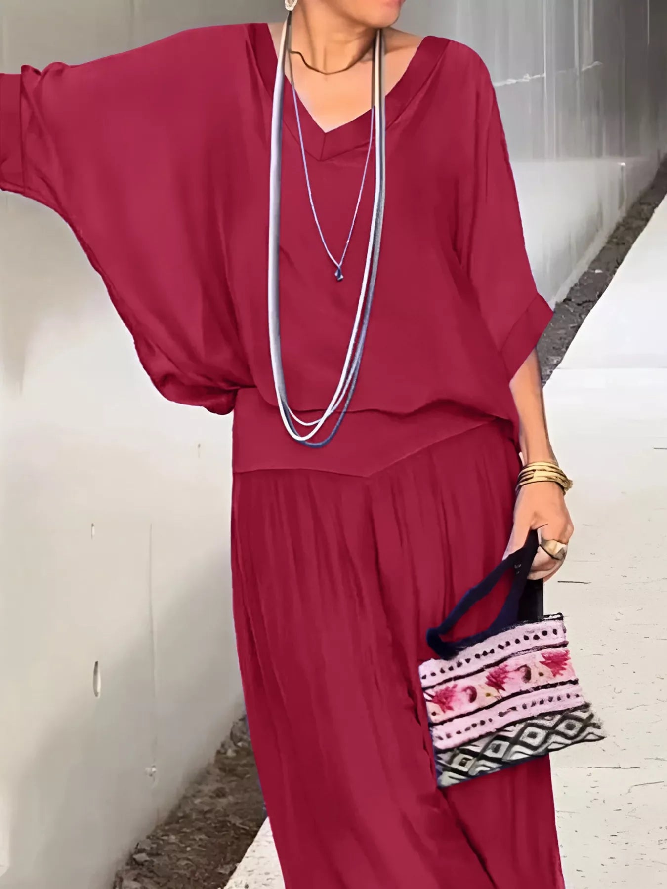 V-Neck Top and Wide Leg Pants Two-Piece Set OutfitFlow