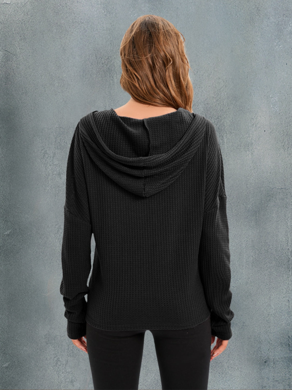 Outfit Flow - Waffle-Knit Drawstring Drop Shoulder Hoodie