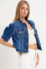 RISEN Puffed Short Sleeve Crop Denim Jackets OutfitFlow