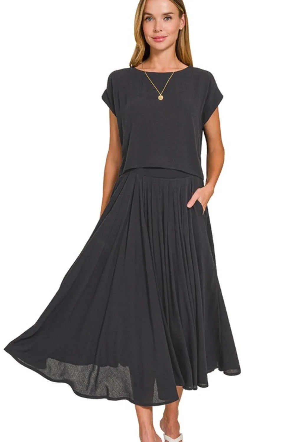 Zenana Woven Crinkle Gauze Crop Tee and Skirt Set OutfitFlow