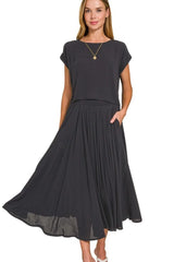 Zenana Woven Crinkle Gauze Crop Tee and Skirt Set OutfitFlow