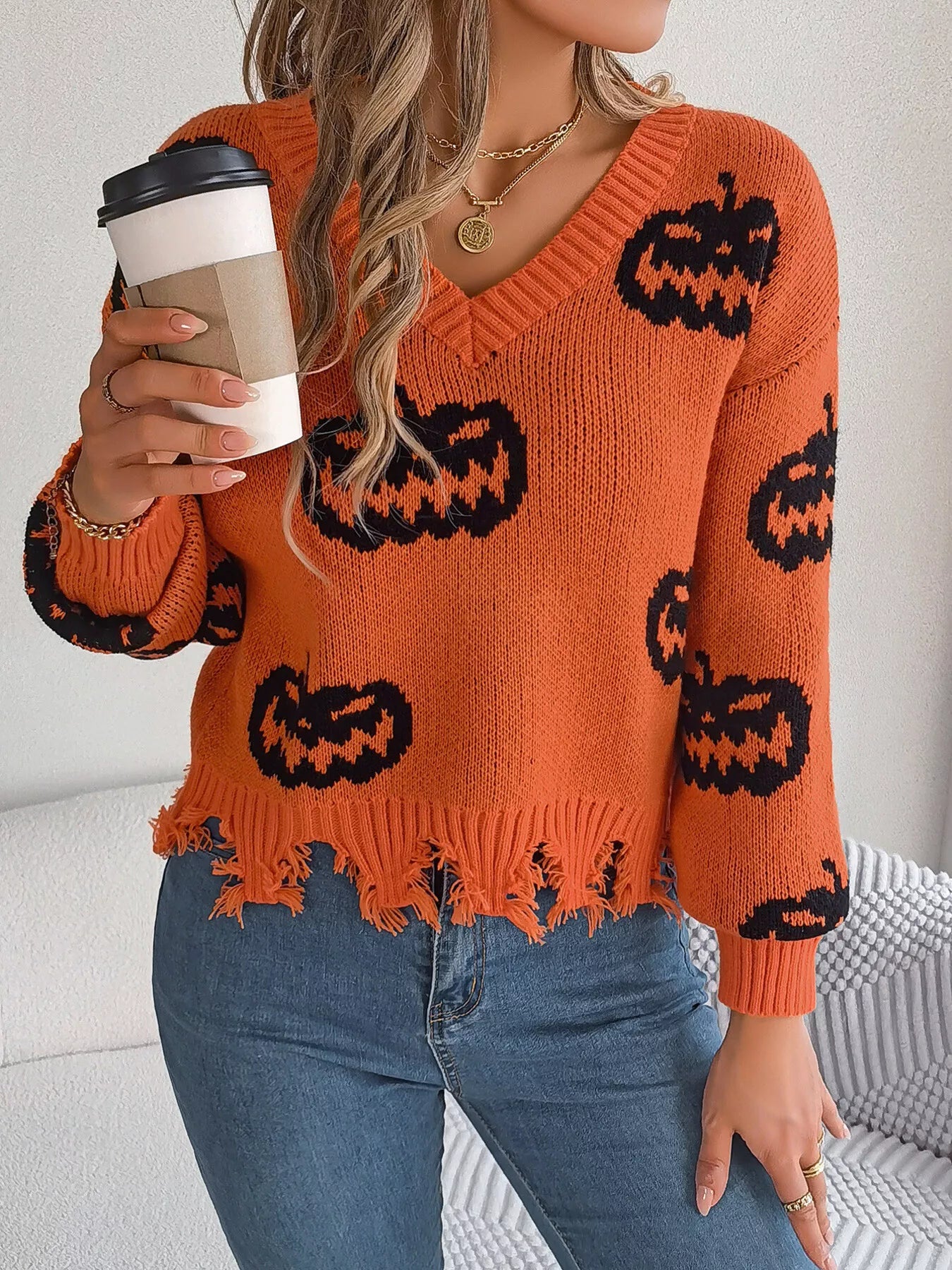 Halloween Pumpkin Pattern Raw Hem V-Neck Sweater OutfitFlow