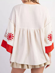 Printed V-Neck Top with Contrast Trim Details OutfitFlow