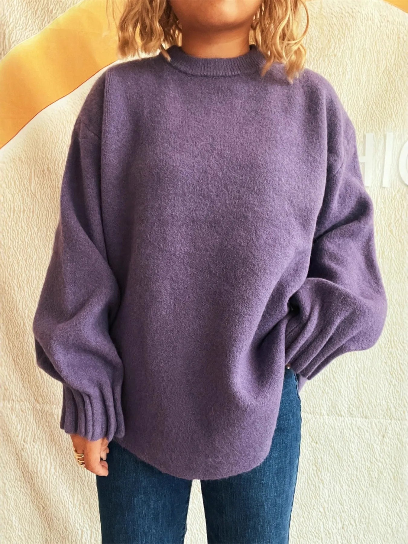 Round Neck Dropped Shoulder Sweater Purple One Size OutfitFlow