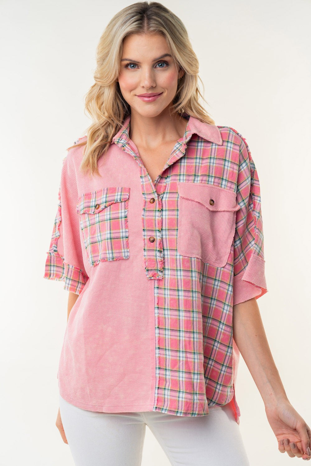 White Birch Plaid Color Block Half Button Top