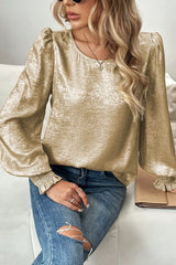Round Neck Lantern Sleeve Blouse OutfitFlow