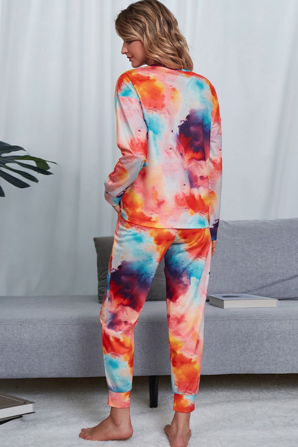 Outfit Flow - Shiny Tie-Dye Crewneck Top and Drawstring Waist Joggers Lounge Set