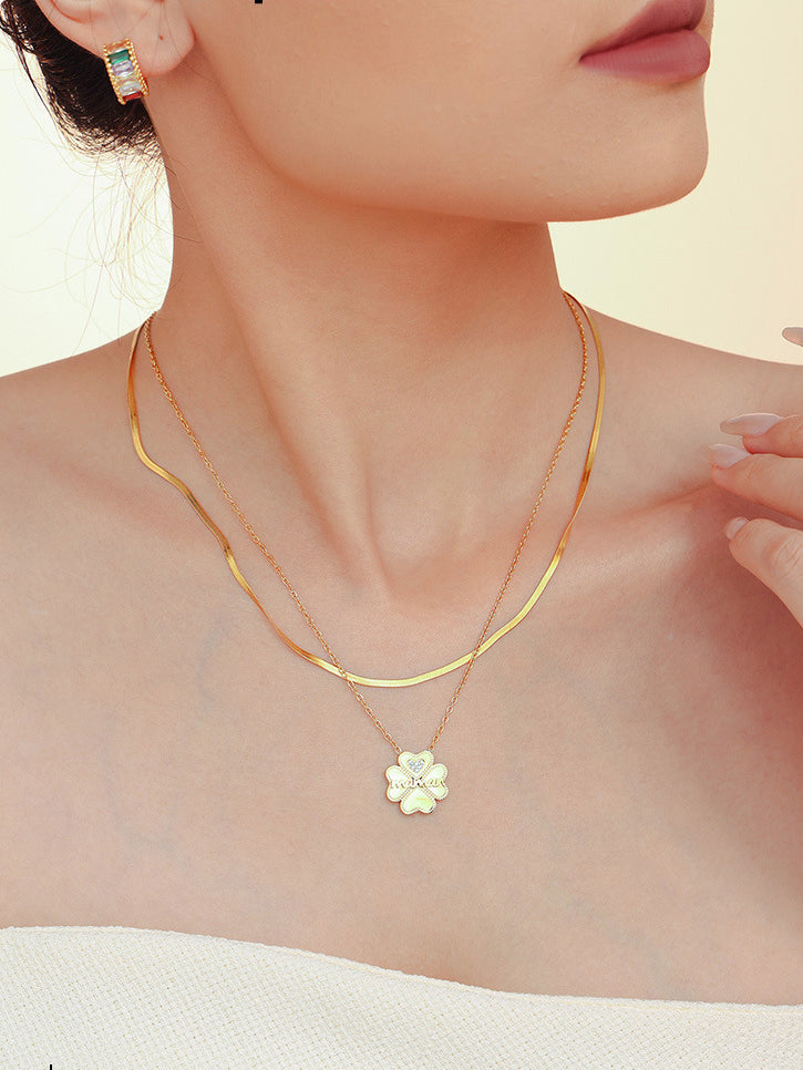 Outfit Flow - 2 Piece 18K Gold-Plated Inlaid Zircon Lucky Clover Necklace