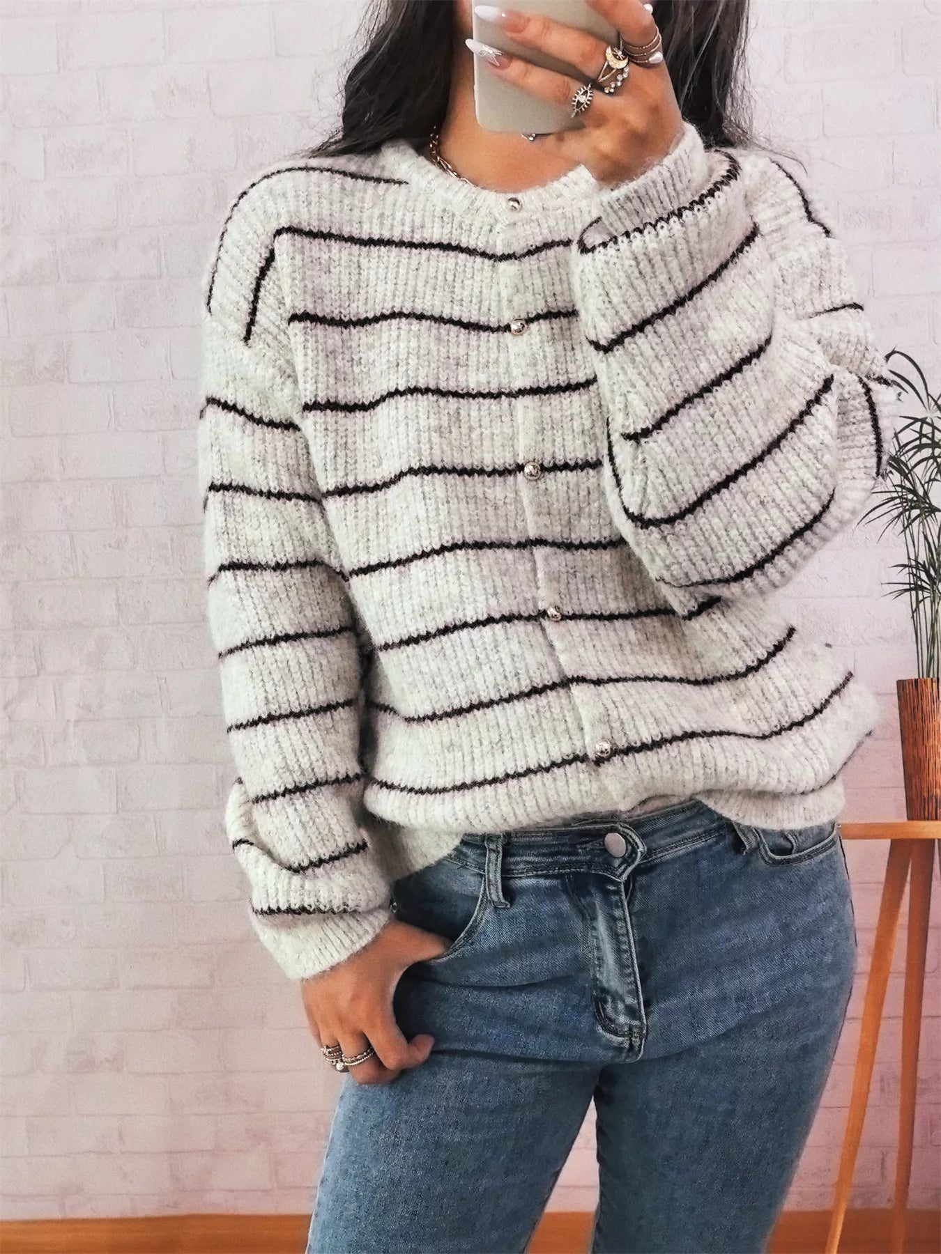 Striped Button Up Long Sleeve Cardigan Apricot One Size OutfitFlow