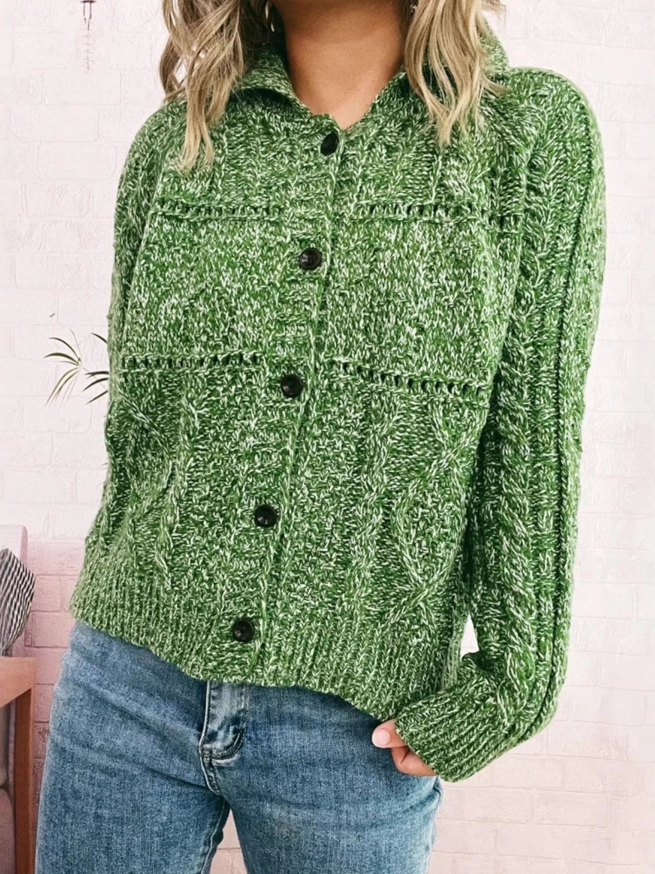 Openwork Cable Knit Button-Up Cardigan Green One Size OutfitFlow