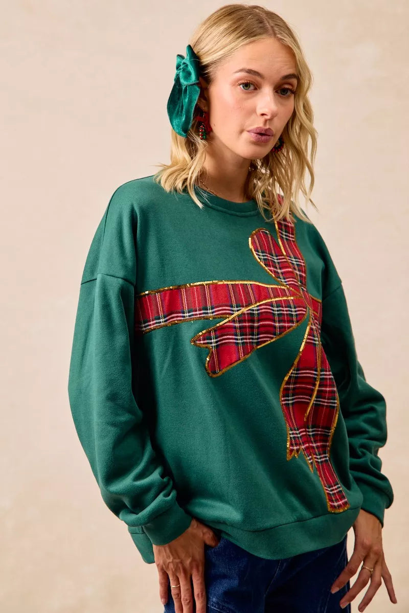 BiBi Plaid Ribbon Bow Detail Christmas Fleece Pullover OutfitFlow
