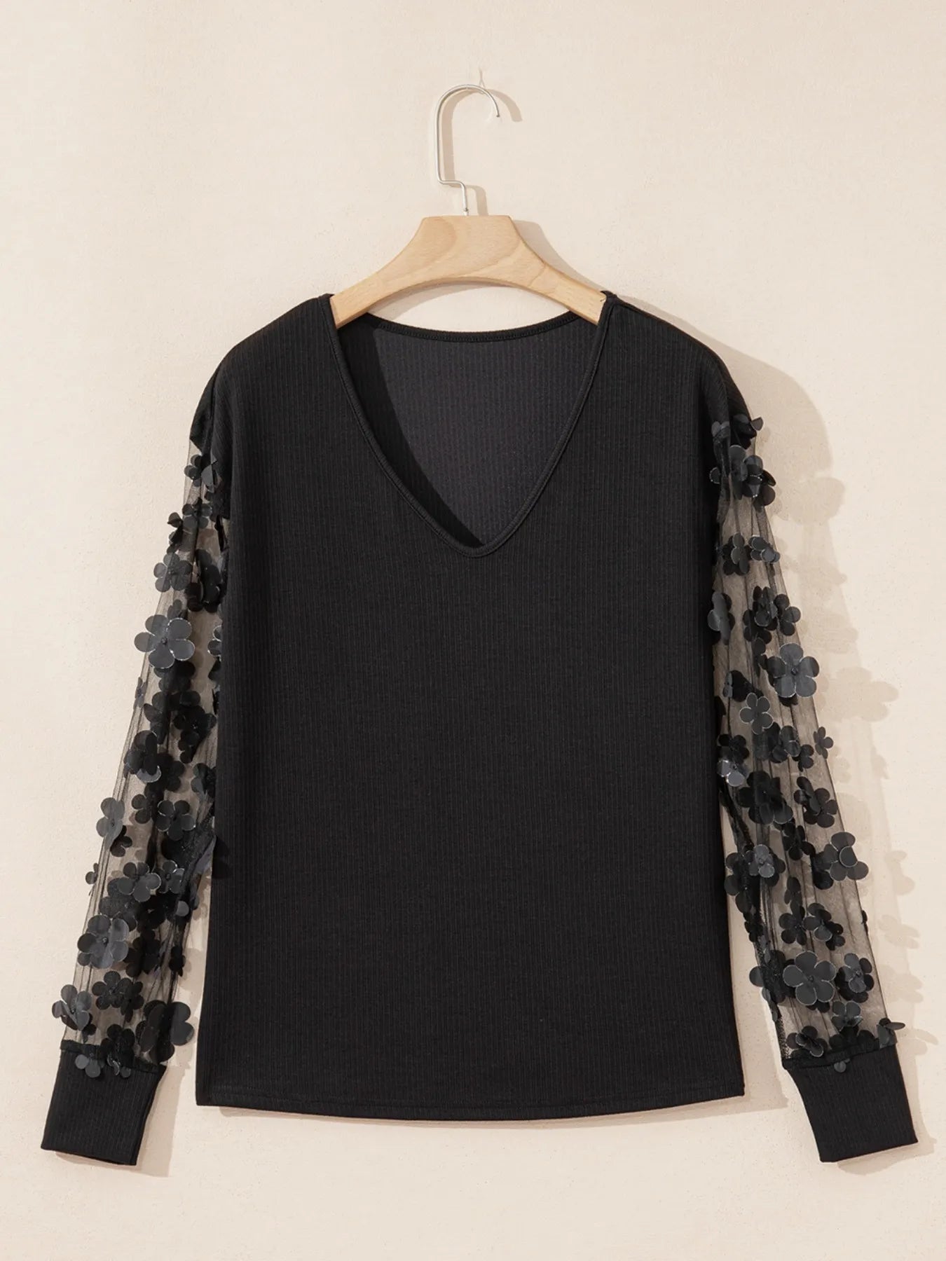 Flower Sheer Sleeve V-Neck Blouse OutfitFlow