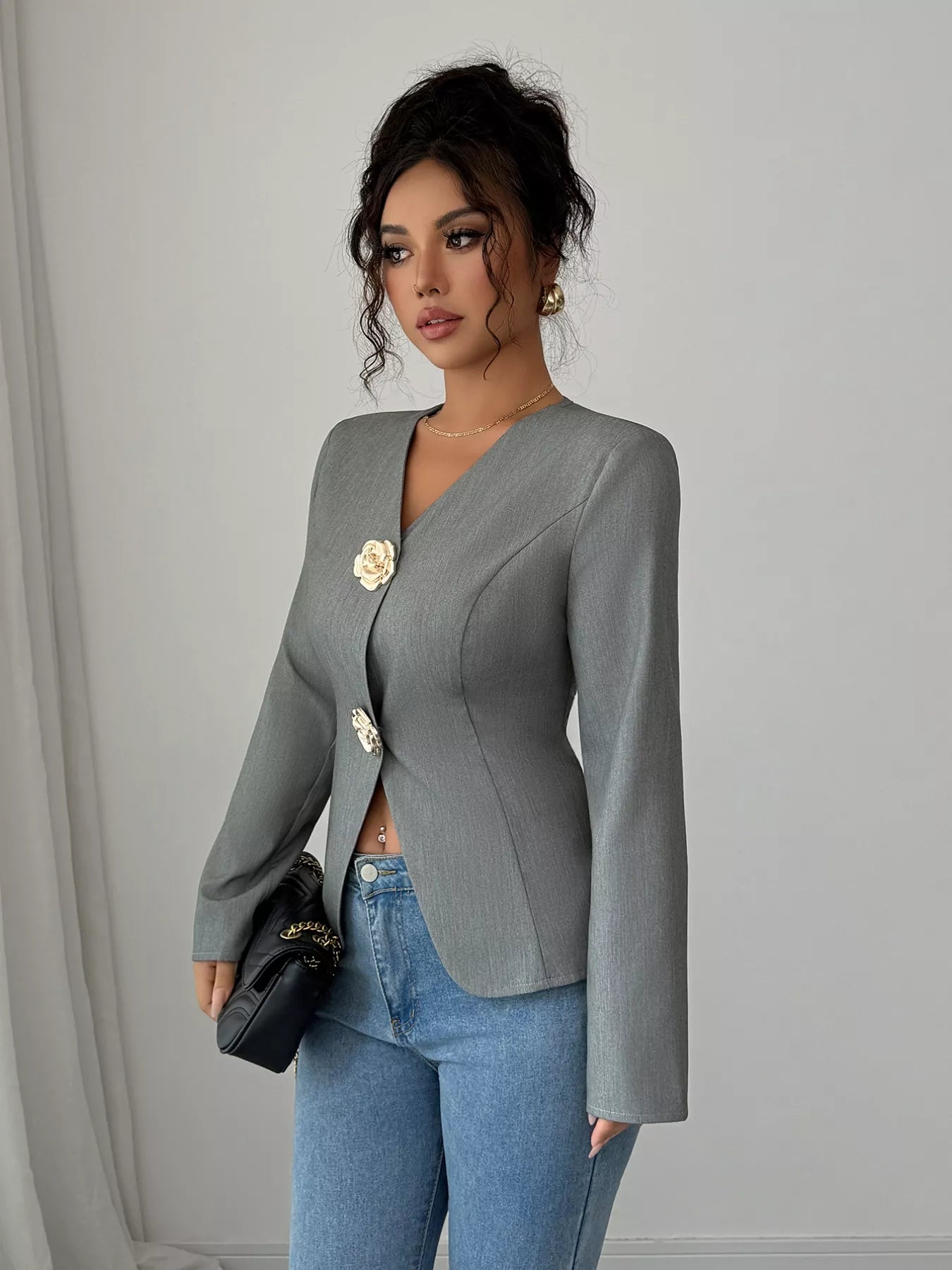 Flower Button Long Sleeve Blazer OutfitFlow