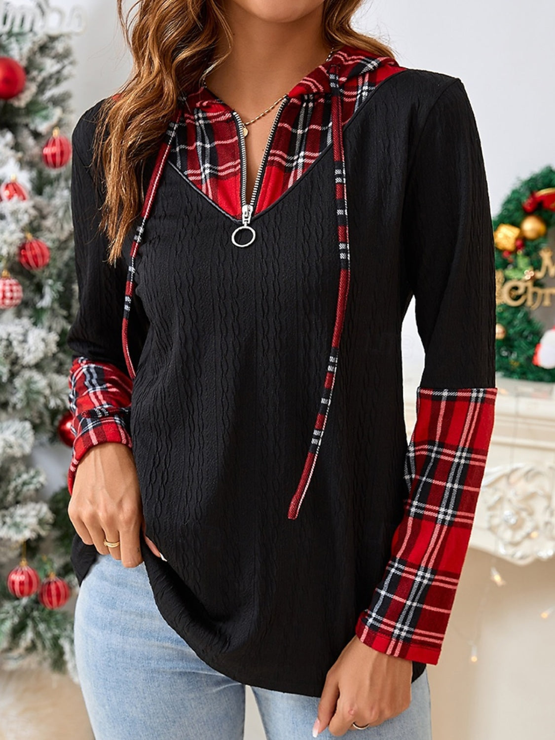 Outfit Flow - Plaid Quarter Zip Hooded T-Shirt