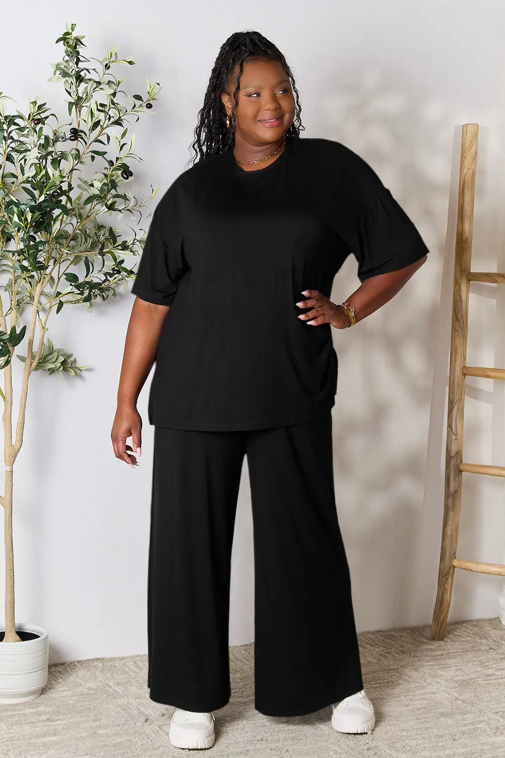 Double Take Full Size Round Neck Slit Top and Pants Set OutfitFlow