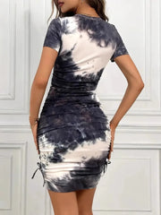 Drawstring Tie-Dye Round Neck Short Sleeve Dress OutfitFlow