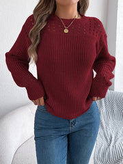 Openwork Round Neck Long Sleeve Sweater OutfitFlow