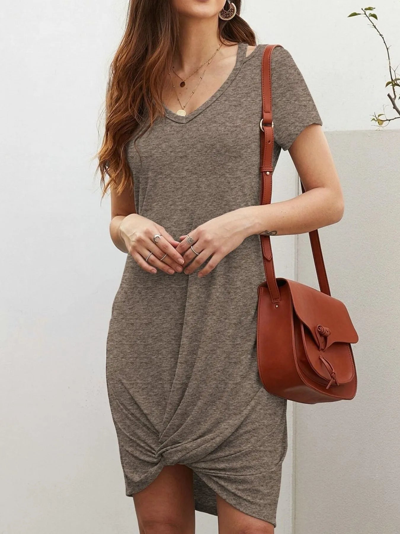 V-Neck Twisted Knot T-Shirt Dress Taupe OutfitFlow