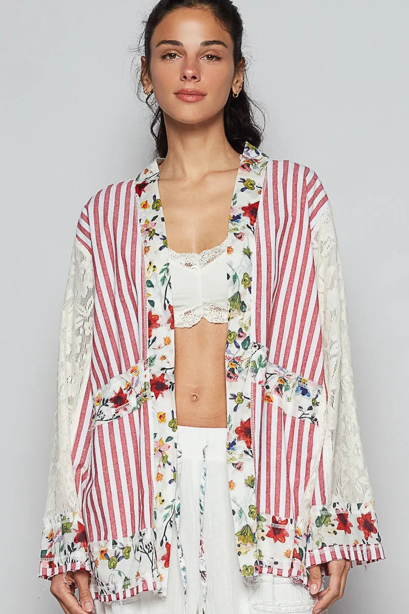 POL Lace Long Sleeve Striped Cardigan with Floral Patchwork Detail Scarlet OutfitFlow
