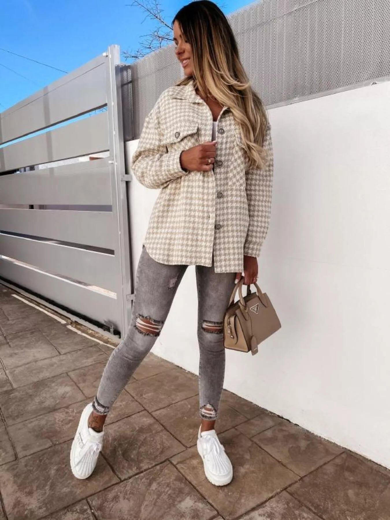 Houndstooth Button-Down Jacket OutfitFlow