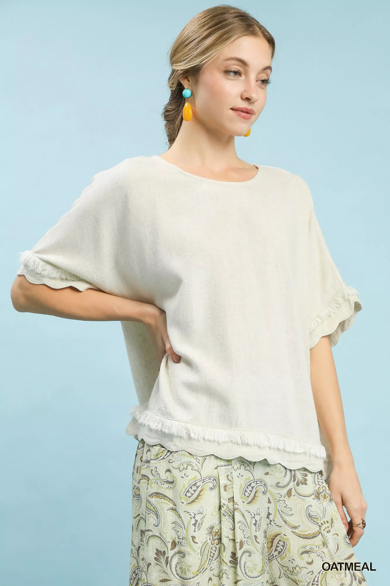 Umgee Linen Frayed Hem Scallop Edge Top Trendsi