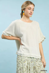 Umgee Linen Frayed Hem Scallop Edge Top Trendsi