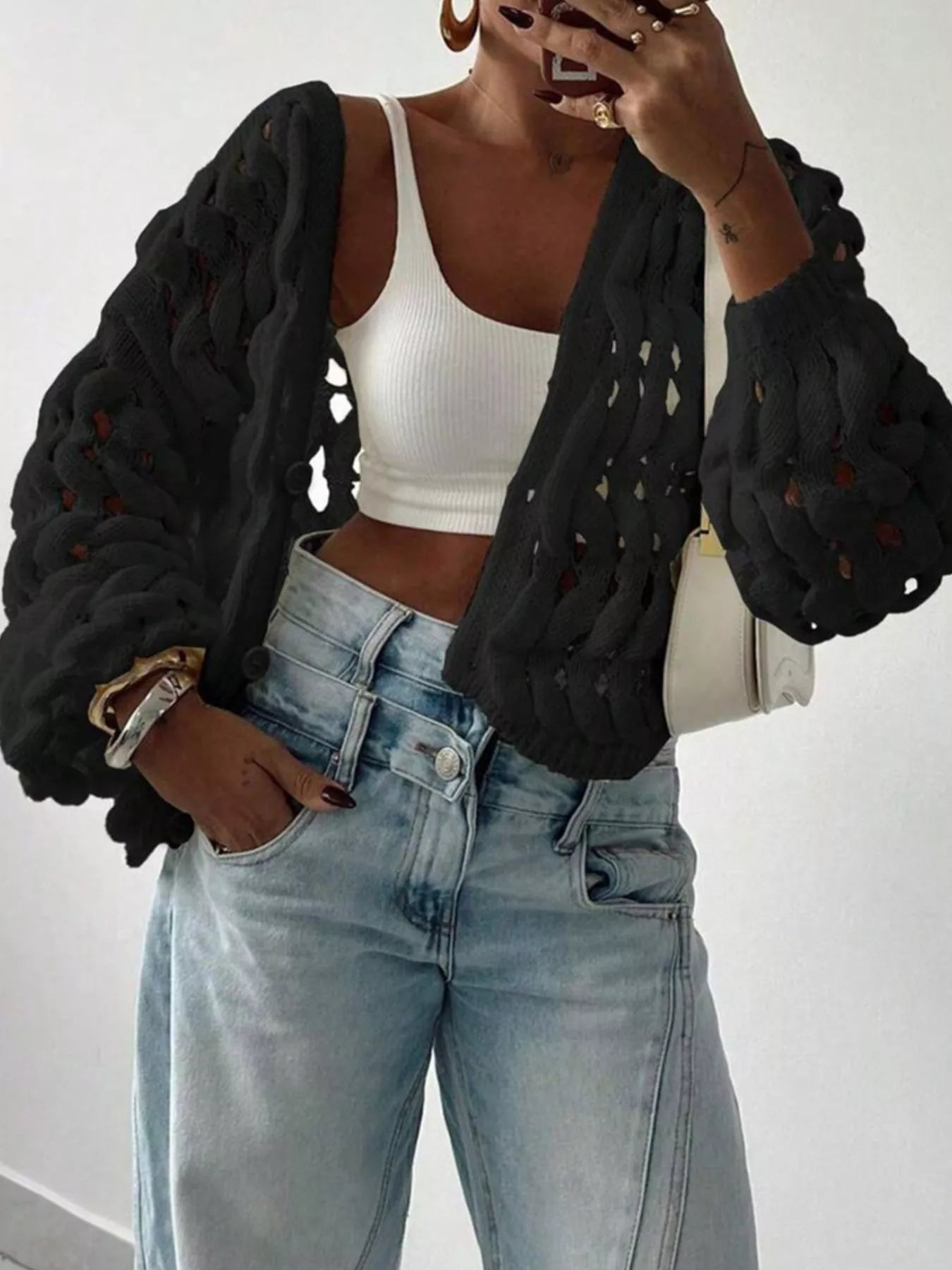 Openwork Button Up V-Neck Cardigan OutfitFlow