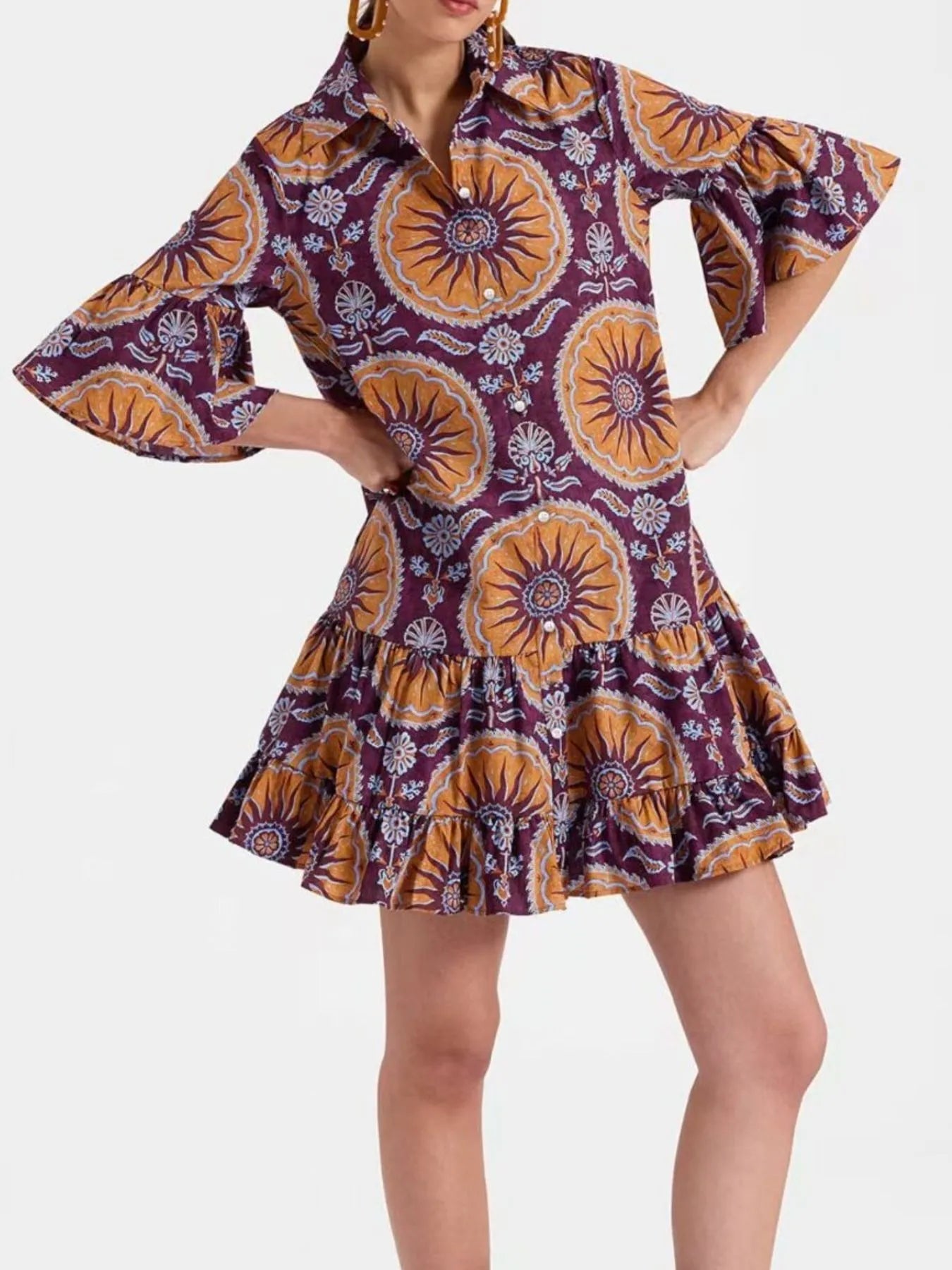 Floral Print Ruffle Sleeve Mini Dress OutfitFlow