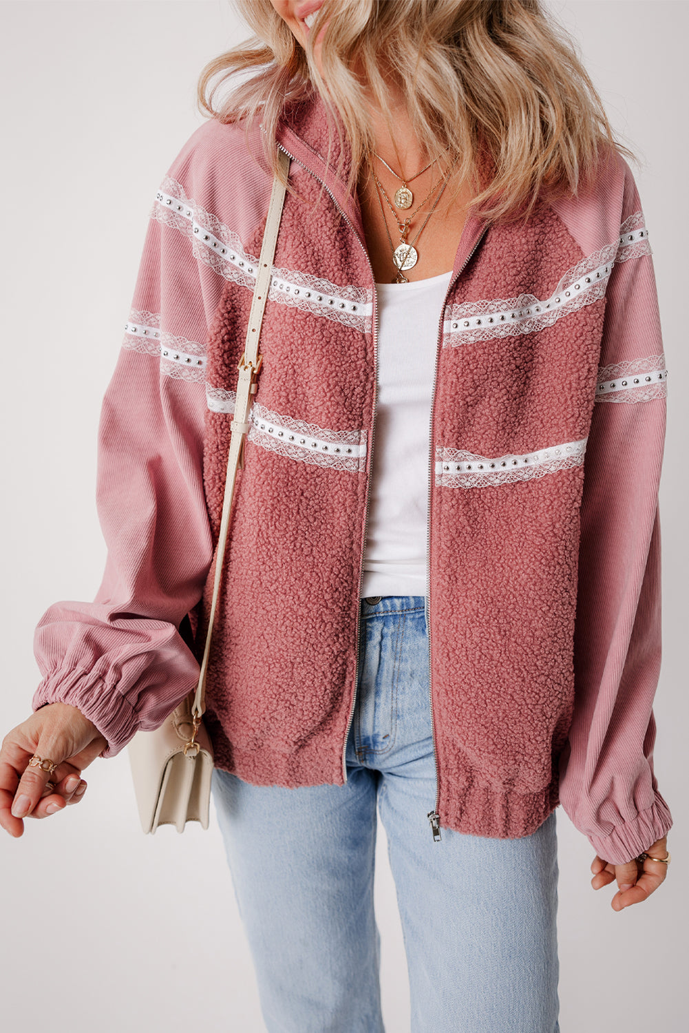 Outfit Flow - Lace Detail Zip Up Sherpa Patchwork Jacket