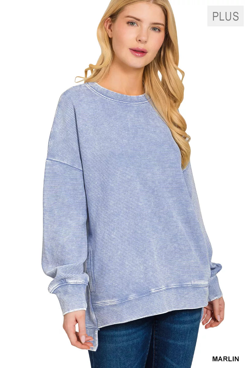 Zenana Full Size Acid Washed Double Ribbed Hi-low Sweatshirt Plus Size OutfitFlow
