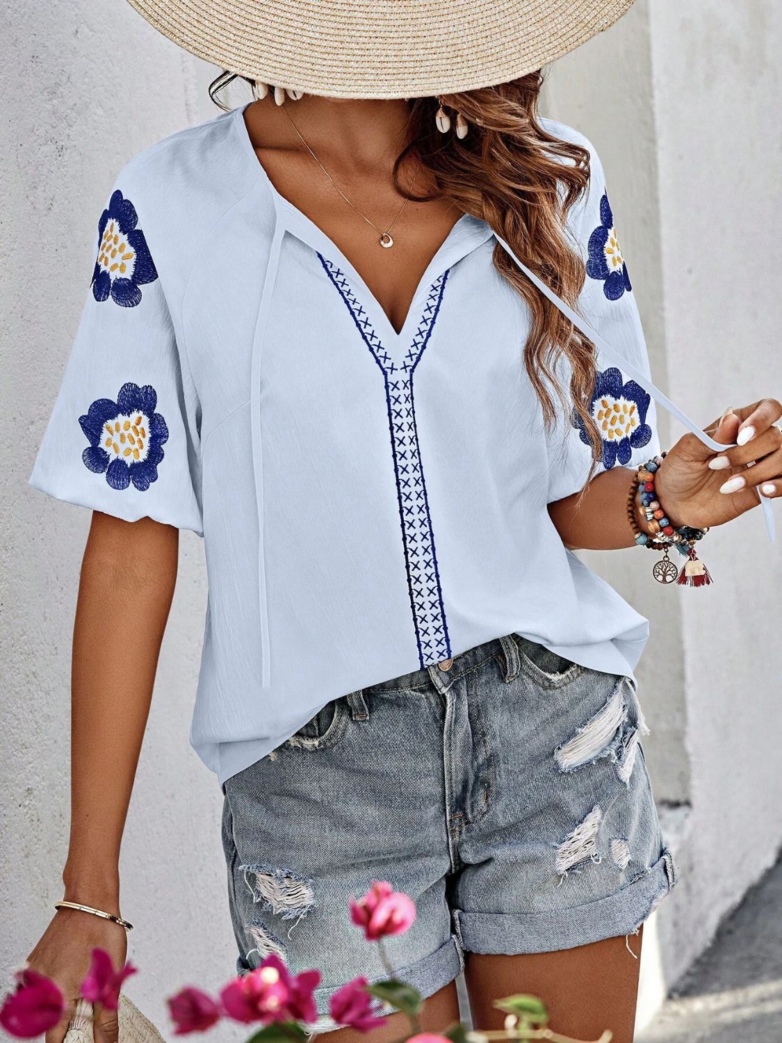 Embroidered Tie Neck Puff Sleeve Blouse OutfitFlow