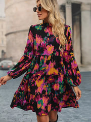Printed Balloon Sleeve Mini Dress Black OutfitFlow