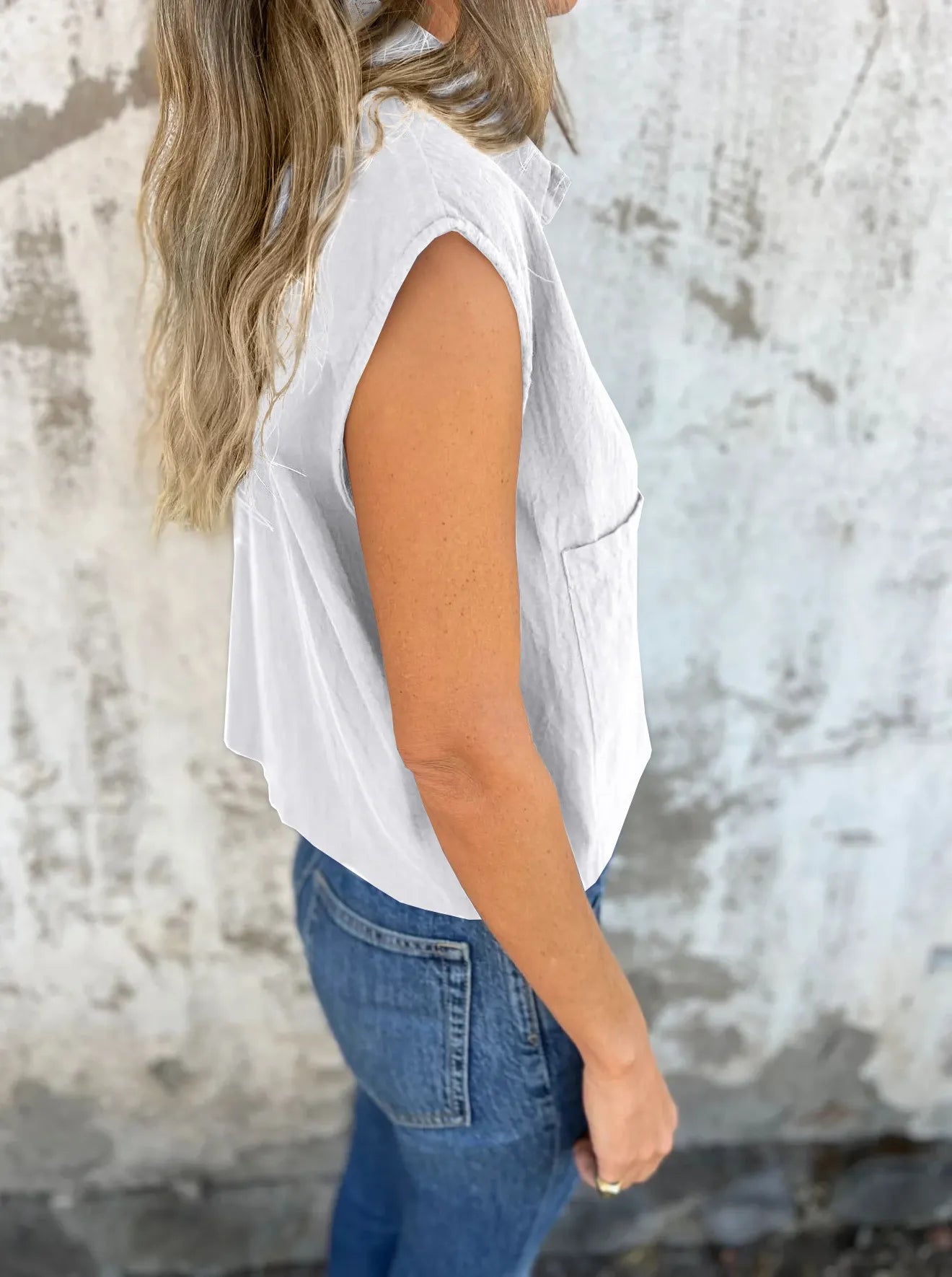 Full Size Button Down Cap Sleeve Linen Shirt Plus Size OutfitFlow