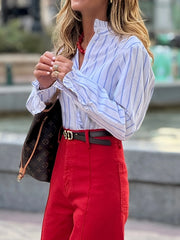 Frill Striped Long Sleeve Blouse OutfitFlow