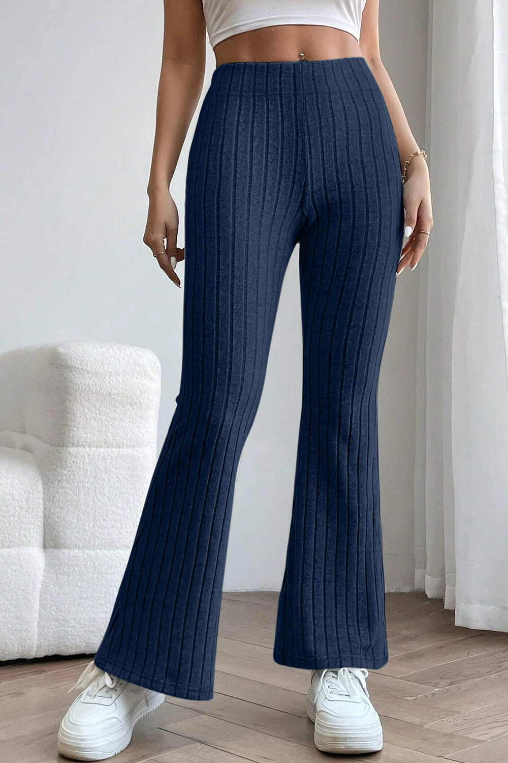 Basic Bae Full Size Ribbed High Waist Flare Pants Dark Blue OutfitFlow