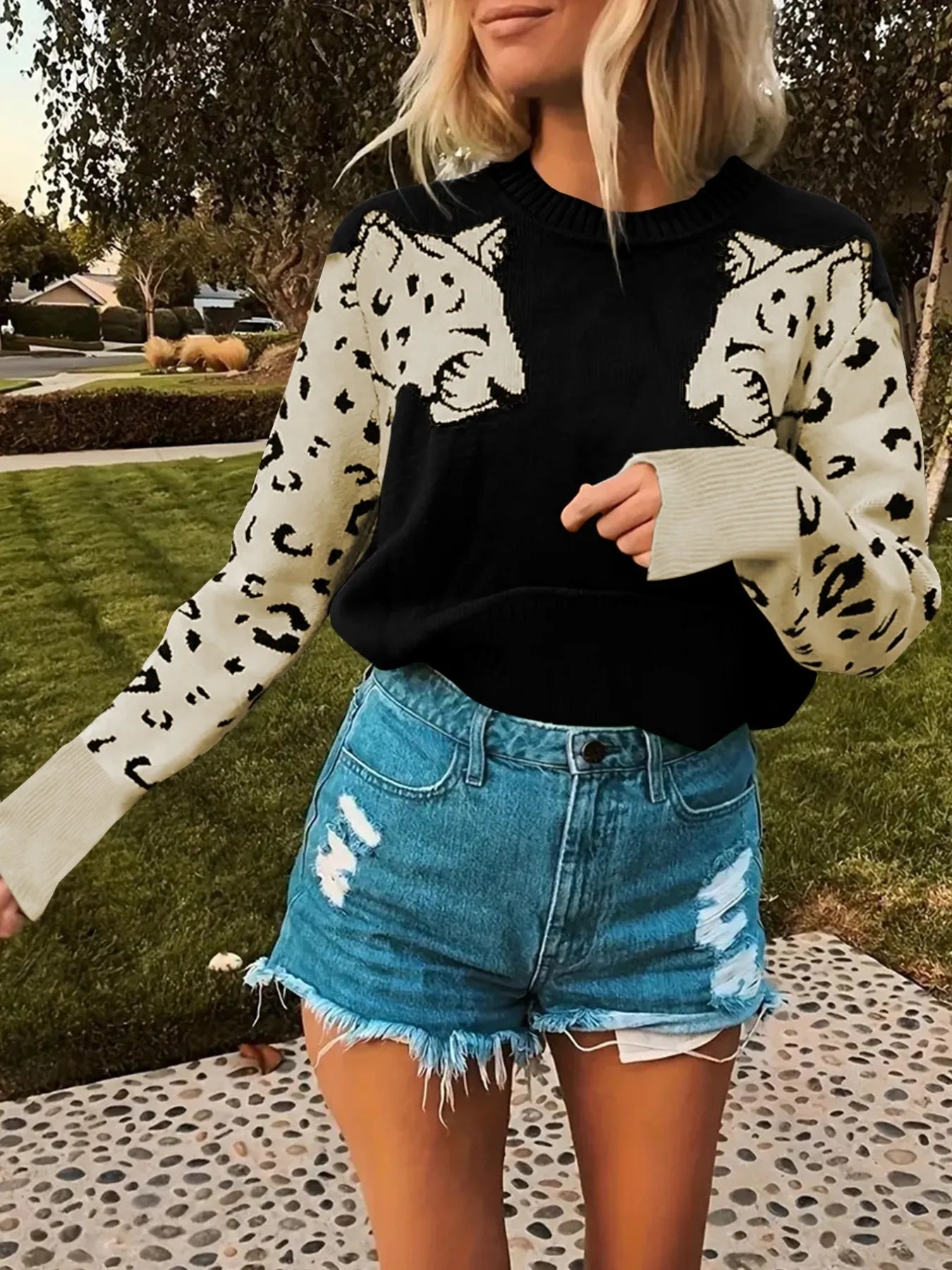Leopard Round Neck Sweater Black OutfitFlow