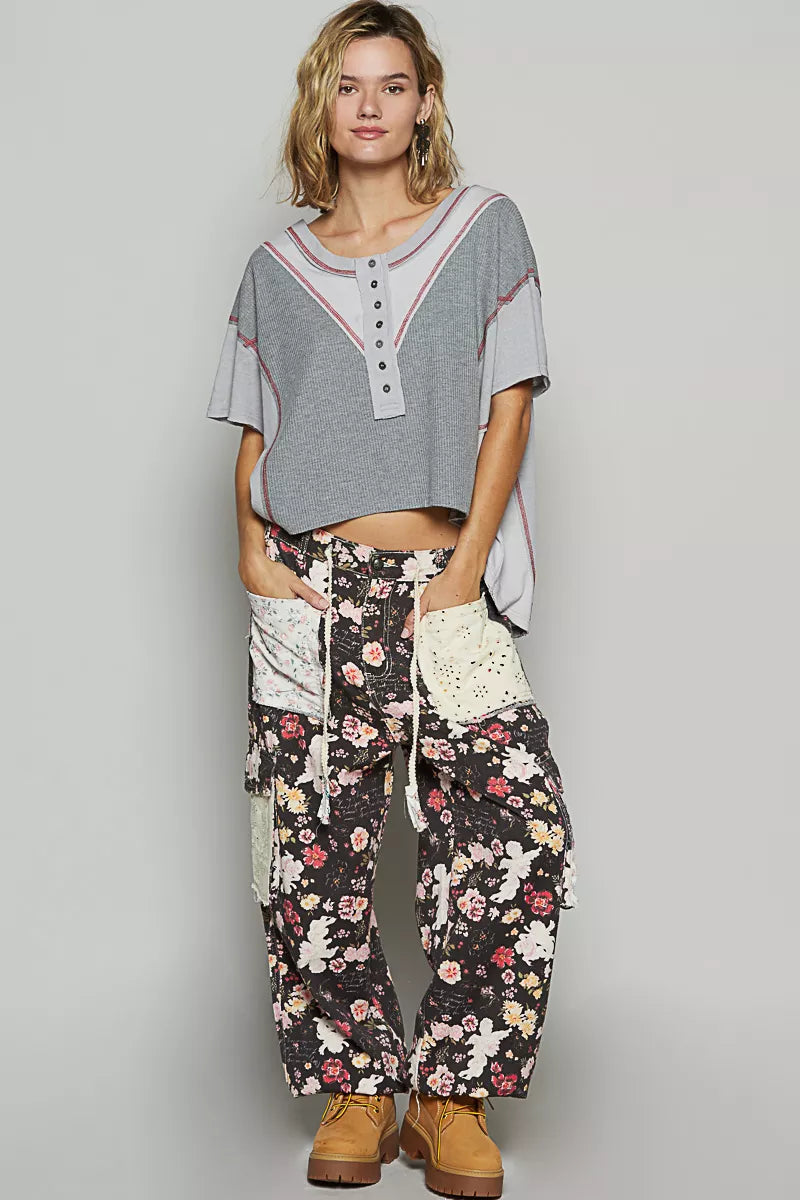 POL Round Neck Short Sleeve Contrast Stitching Top with Back Strap Detail OutfitFlow