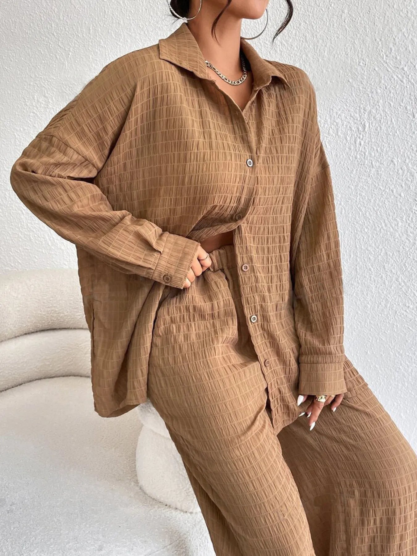 Button Up Long Sleeve Shirt and Pants Set OutfitFlow