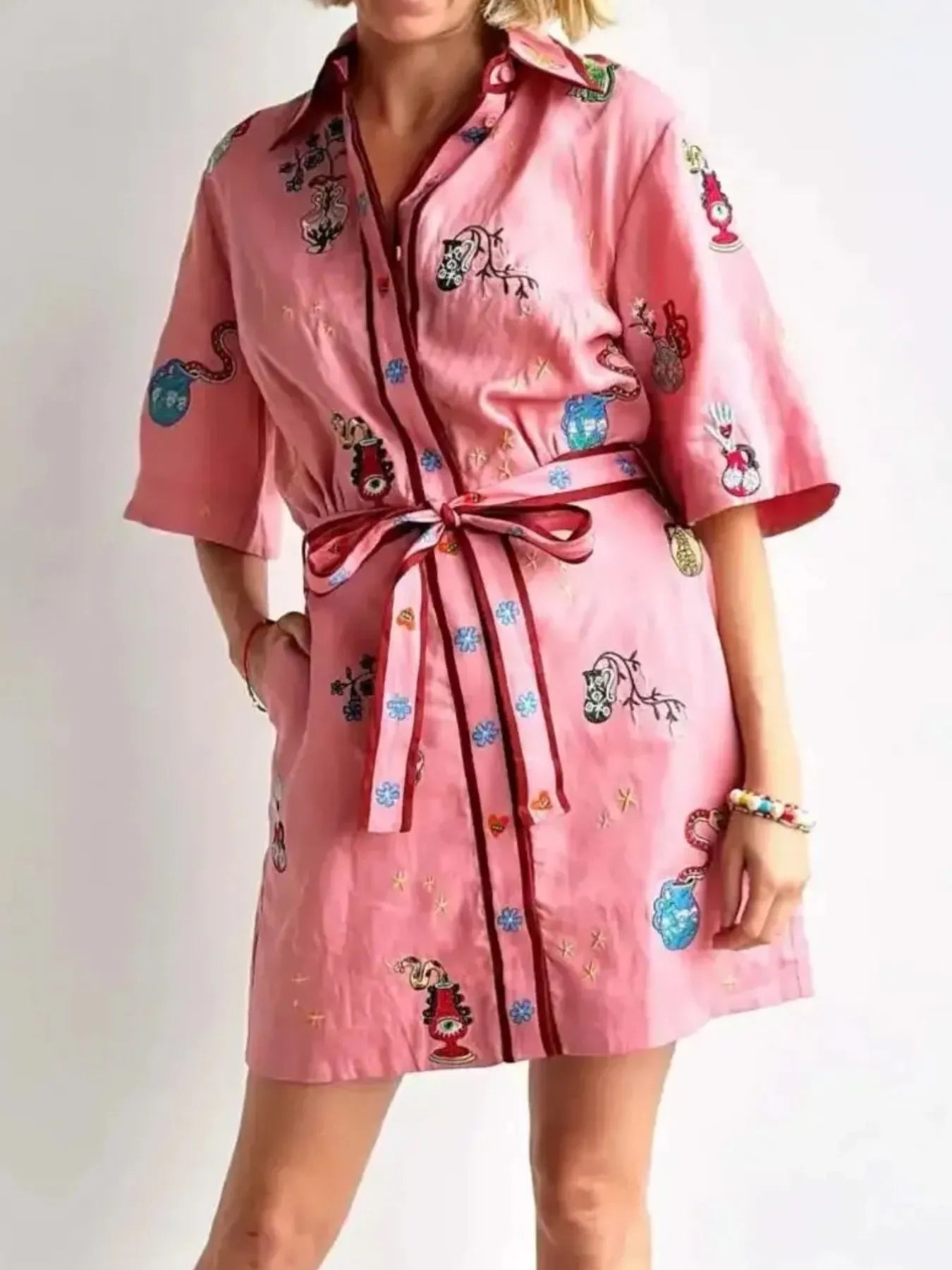 Embroidered Tie Waist Shirt Dress OutfitFlow