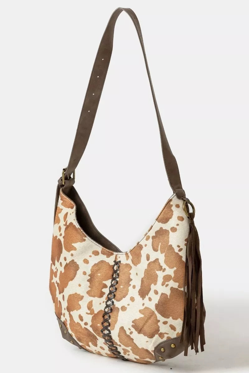 Fame Cow Print Hobo Shoulder Bag with Studded Details OutfitFlow
