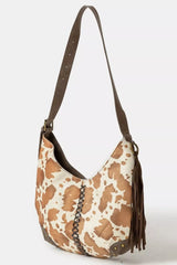 Fame Cow Print Hobo Shoulder Bag with Studded Details OutfitFlow
