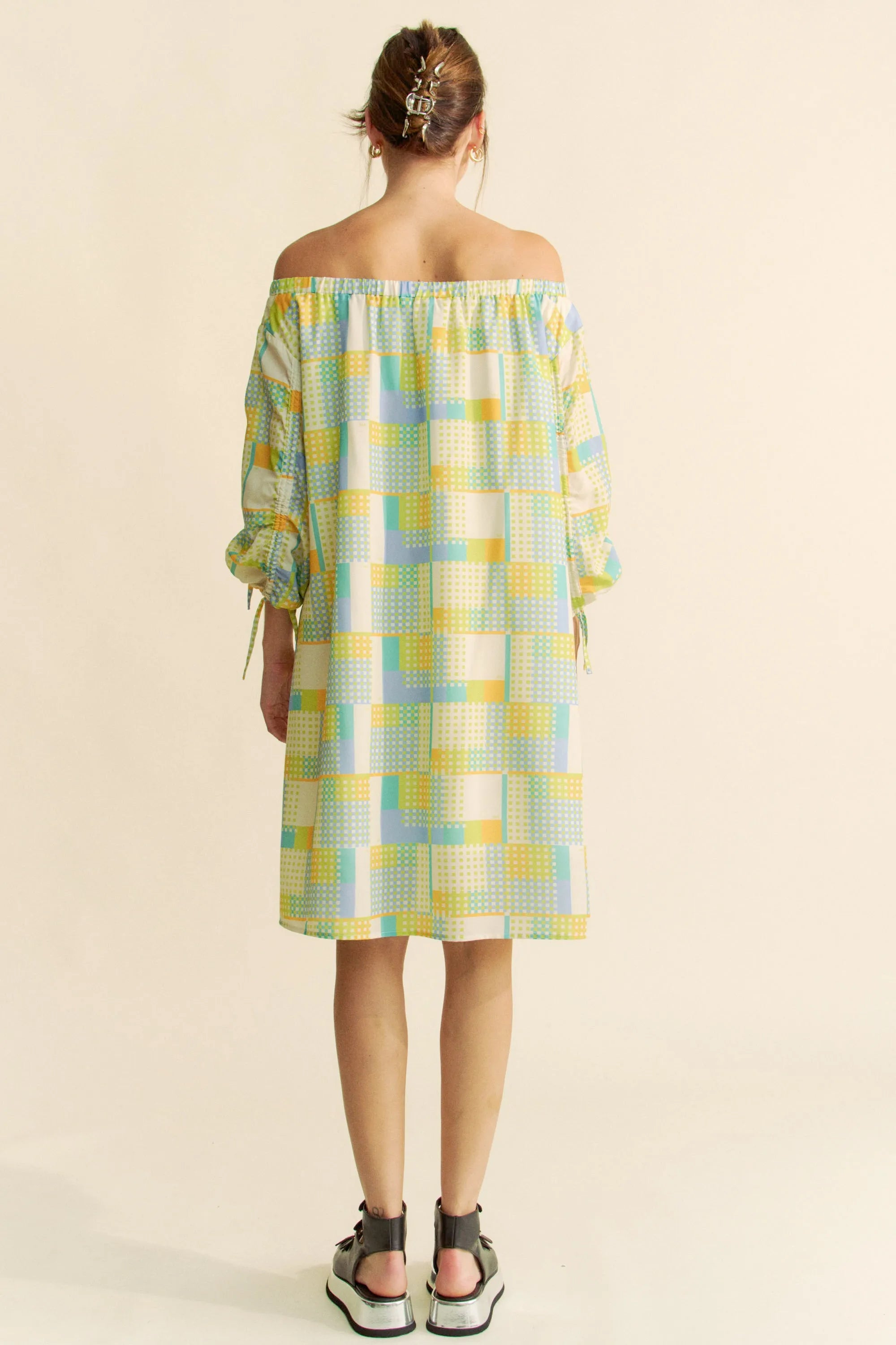 Davi & Dani Printed Off Shoulder Drawstring Sleeve Mini Dress OutfitFlow