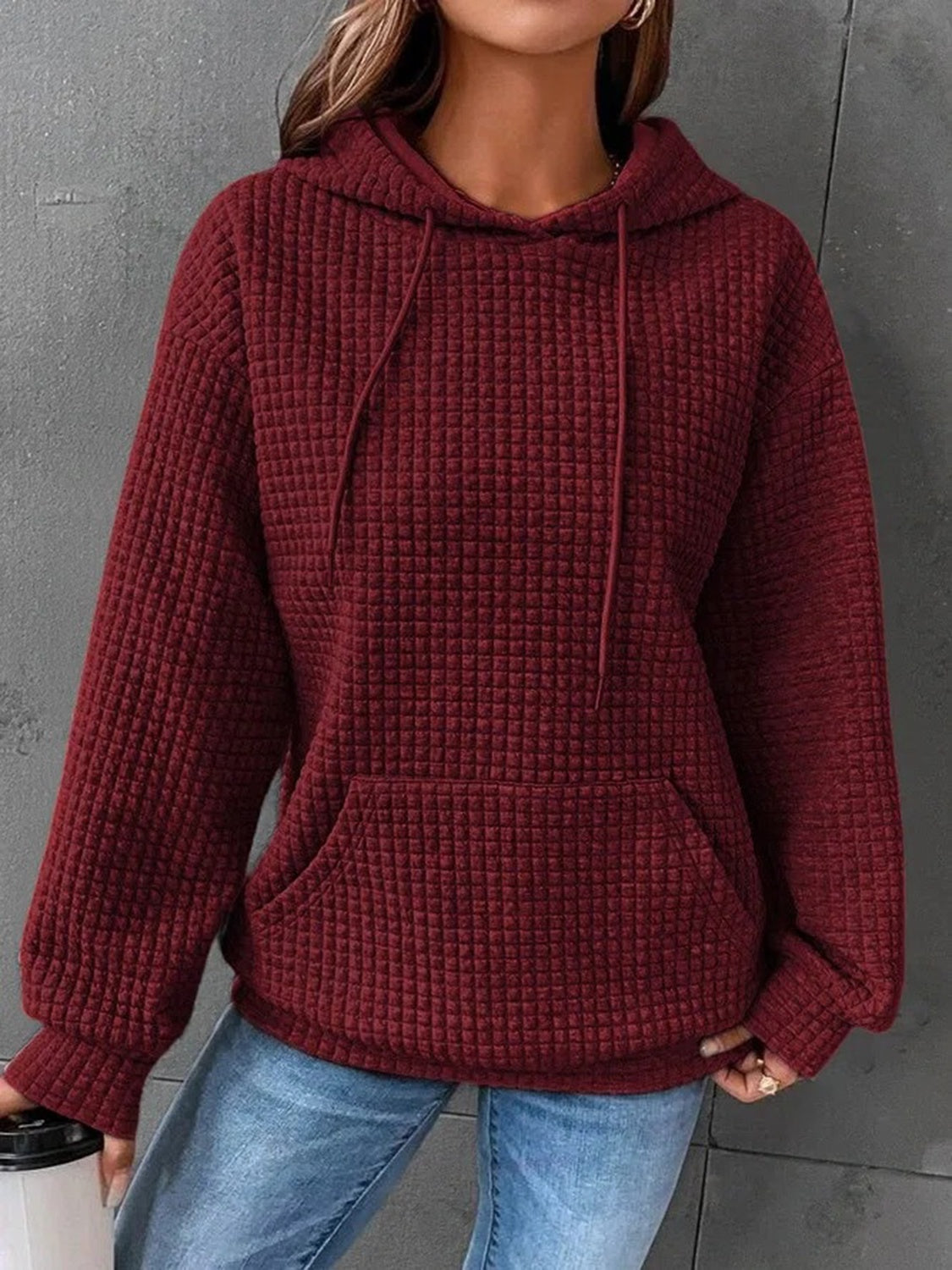 Outfit Flow - Textured Drawstring Drop Shoulder Hoodie