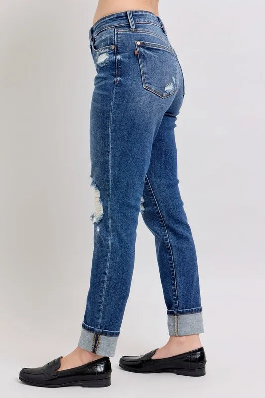 Judy Blue Full Size Midi Rise Boyfriend destroy Jeans with Yoke Pockets and Faux Selvedge Cuff Plus Size OutfitFlow