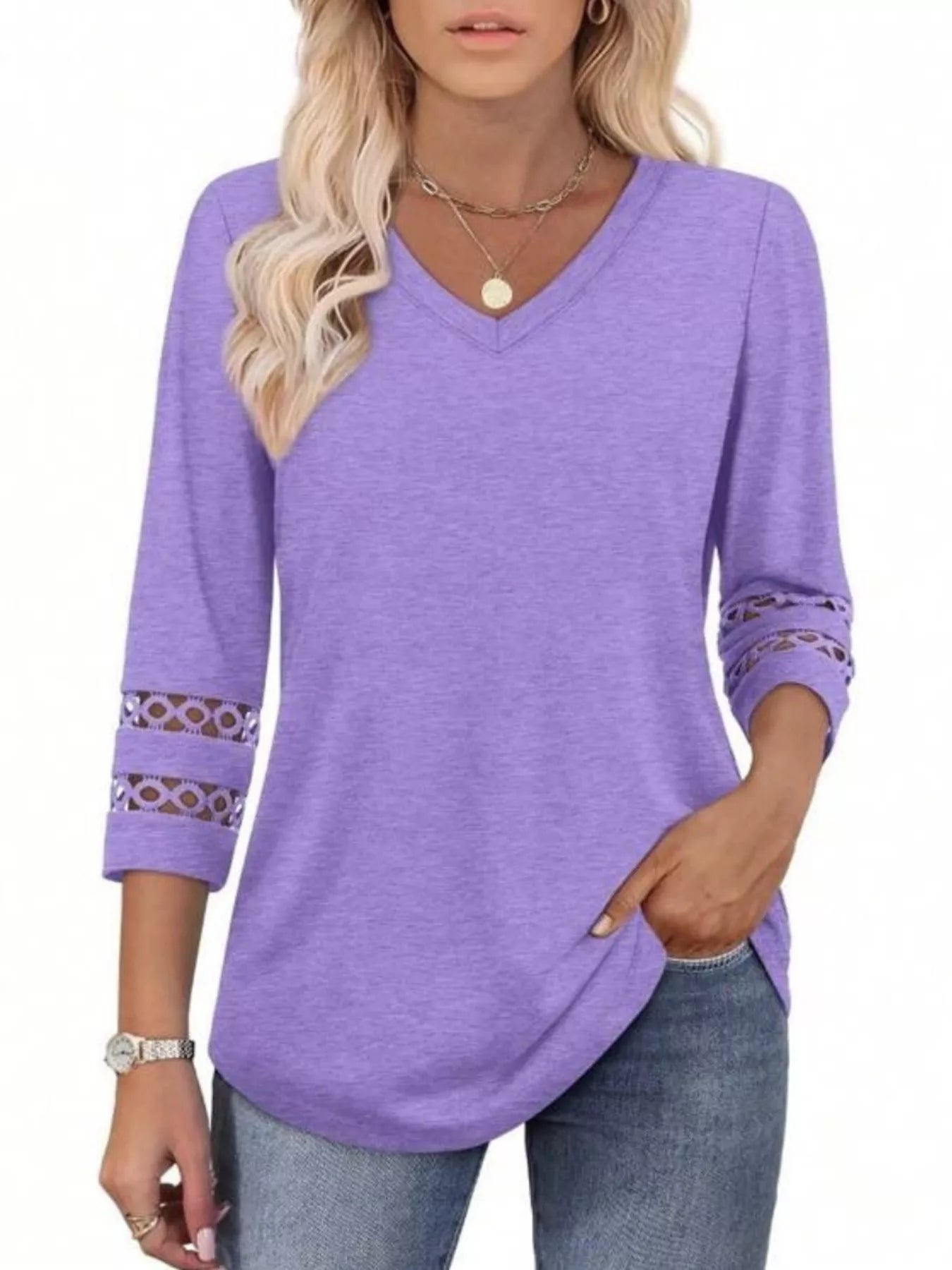 Full Size V-Neck 3/4 Sleeve T-Shirt Plus Size Lavender OutfitFlow