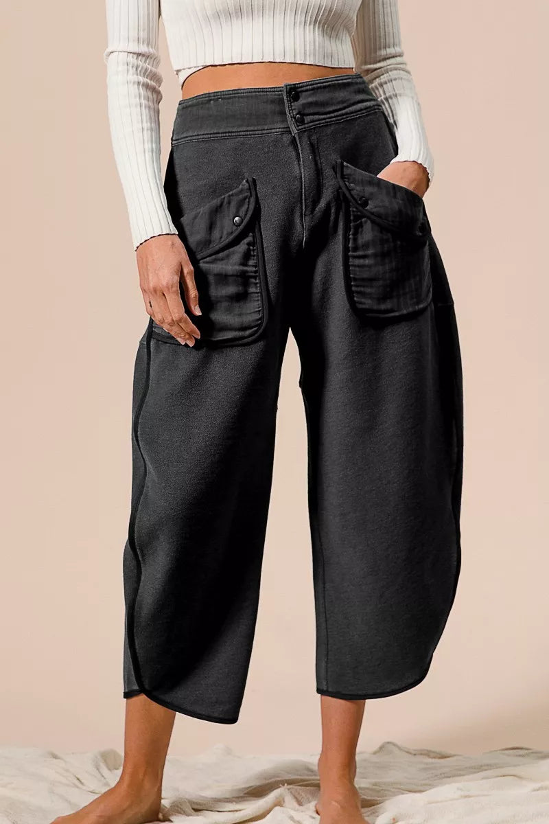 BiBi Washed Terry Pants with Pockets BLACK CHARCOAL OutfitFlow