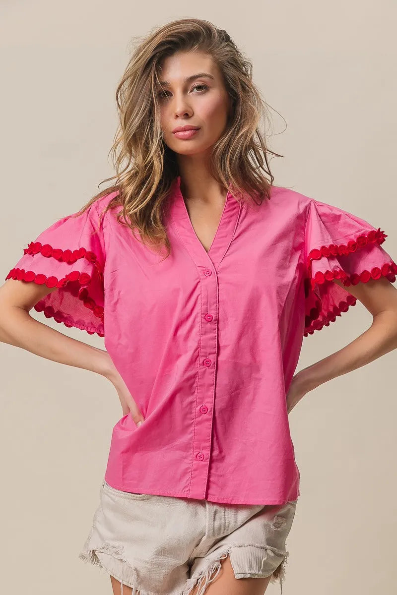 BiBi Dot Trim Flutter Sleeve Notched Top OutfitFlow