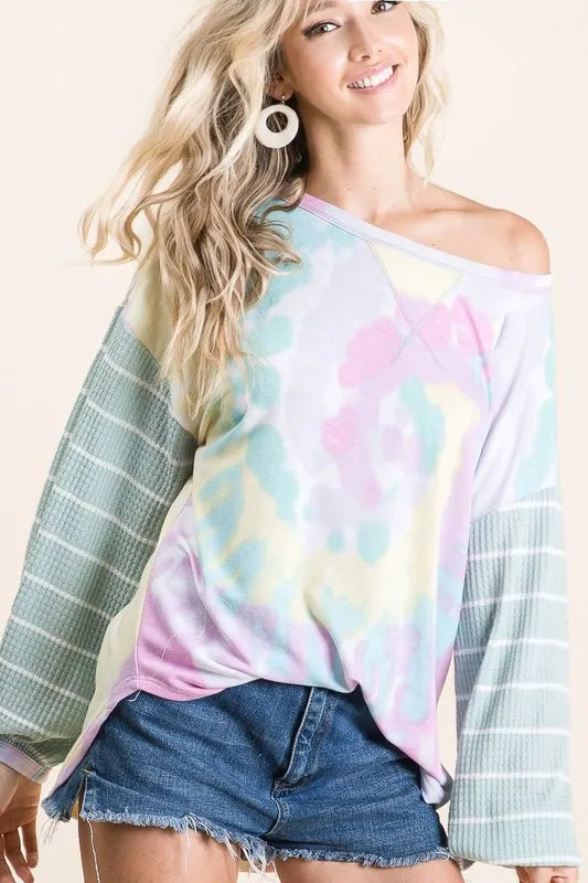 BiBi Tie Dye Terry Top with Wide Stripe Thermal Waffle OutfitFlow