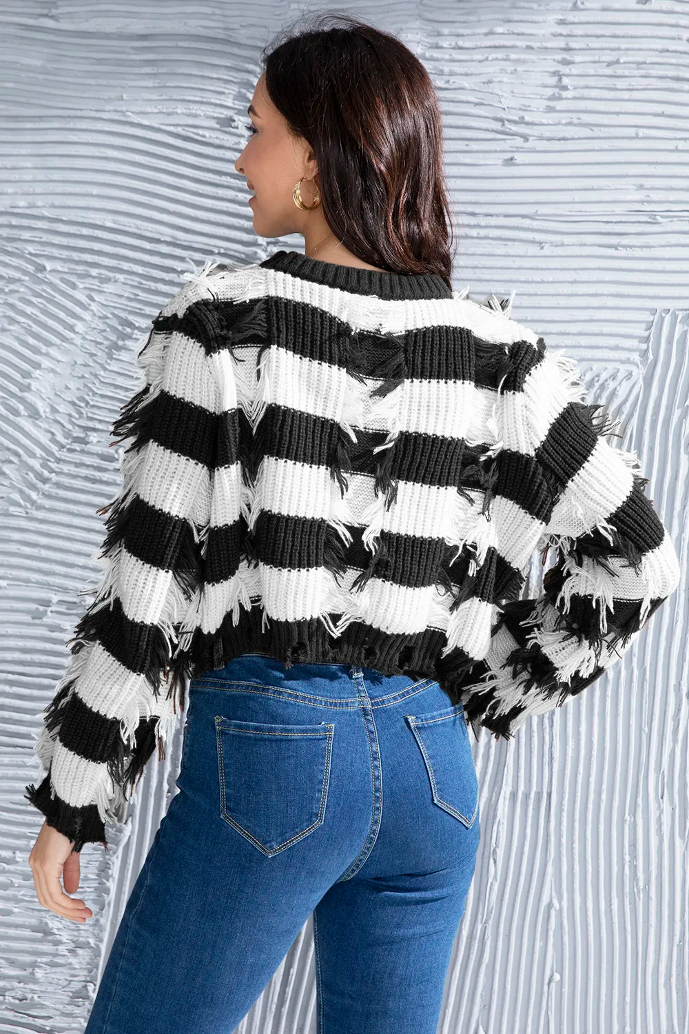 Striped Fringe Round Neck Sweater OutfitFlow