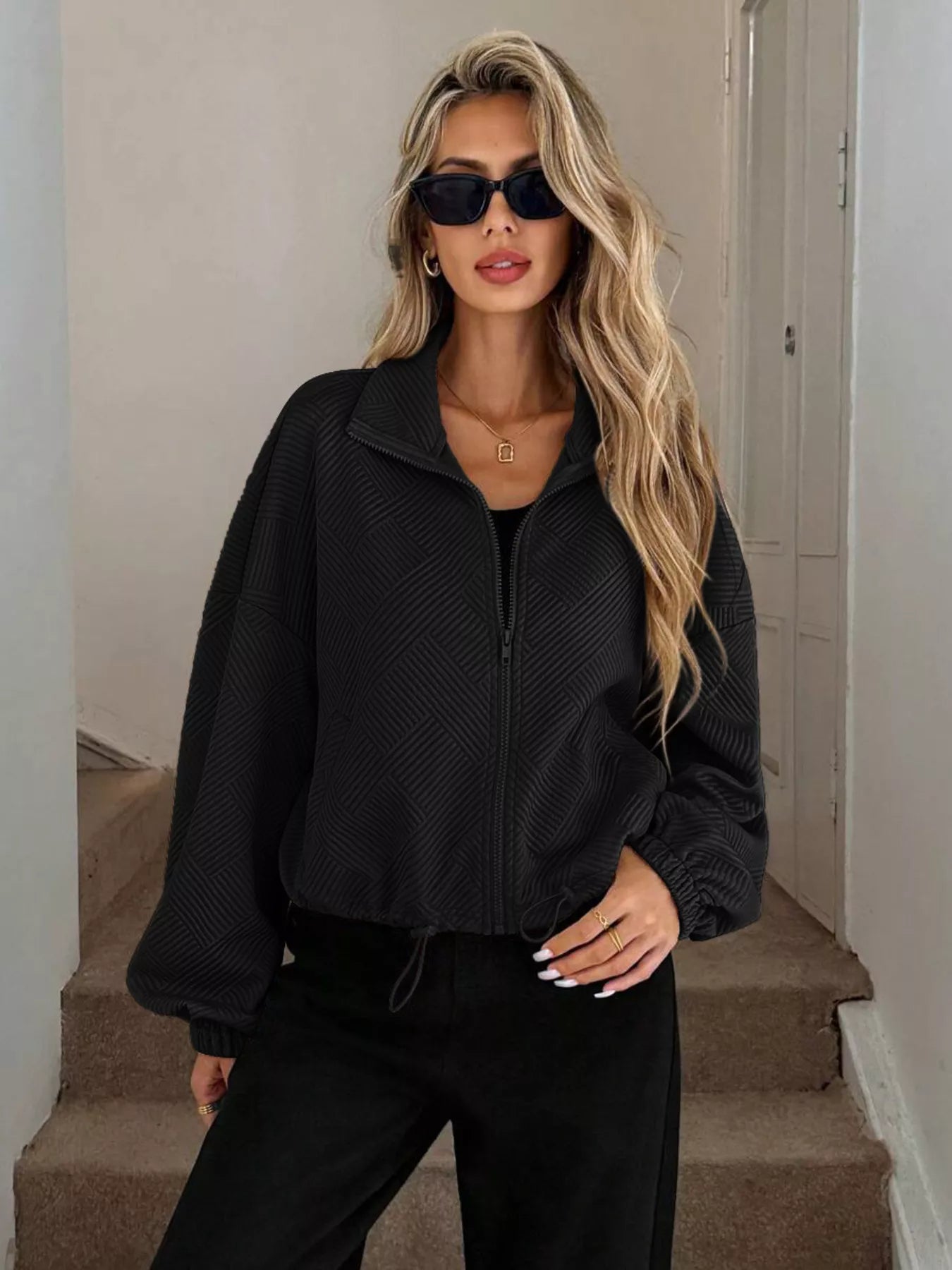 Drawstring Hem Textured Long Sleeve Jacket Black OutfitFlow